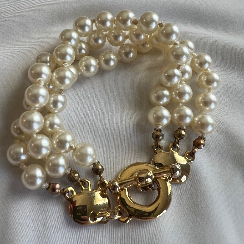 Vintage Glass Pearl Beads Multilayer Gold Tone Cocktail Estate Bracelet